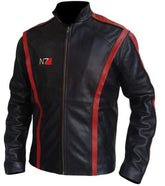 Commander Shephard Inspired Black Motorcycle Leather Jacket for Men - Handmade Black Jacket with Red Stripes - MNCLeather